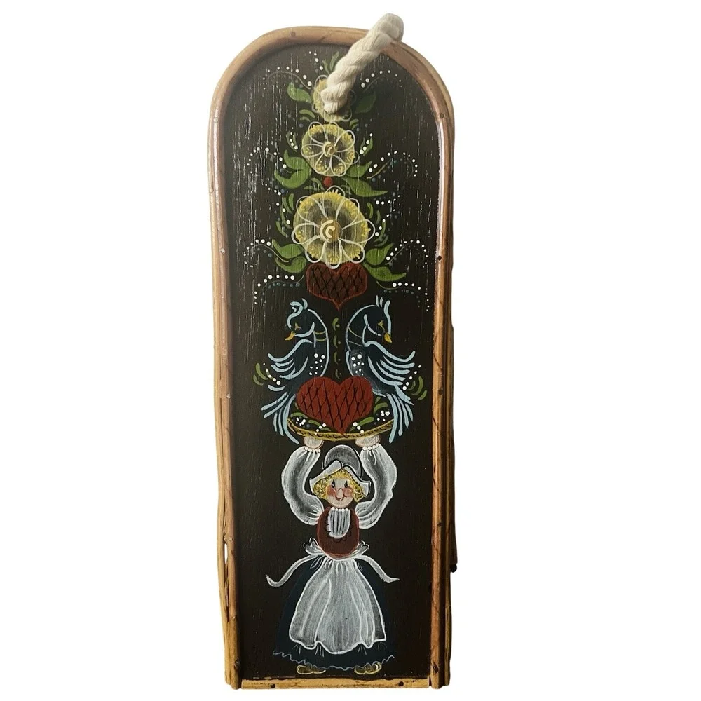 Vintage Hand Painted Scandinavian Folk Art Woven Wood Wine Box Gift Carrier 12in